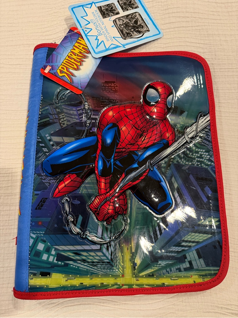 3 piece enclosed zippered binder- SpiderMan. Comes with notebook and folder